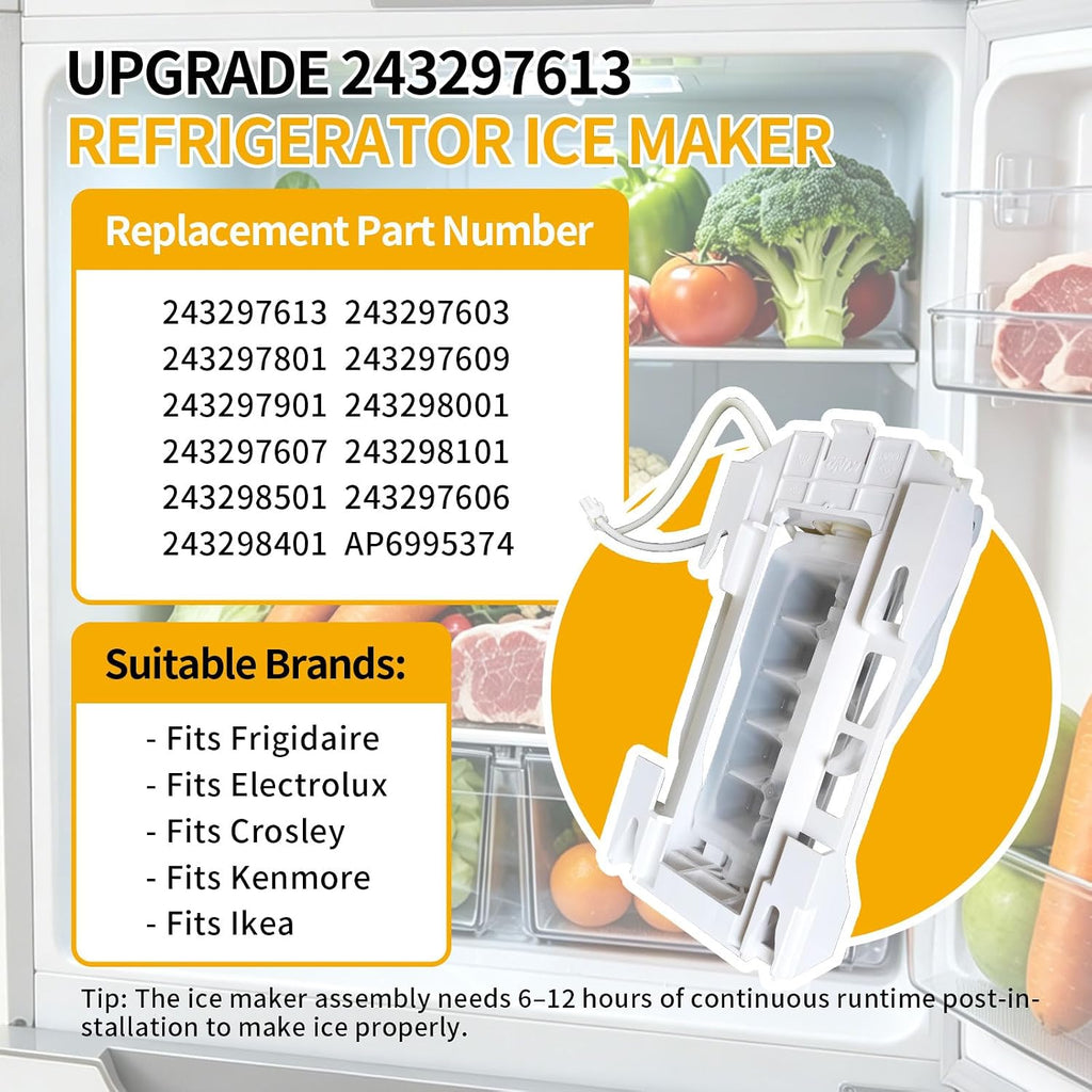 Upgraded 243297609 Ice Maker Replacement Refrigerator Ice Makers Fits for Frigidaire Ice-Maker 243297613, for Electrolux Icemaker Replacement Parts, Replaces 243297606, 6-Pin