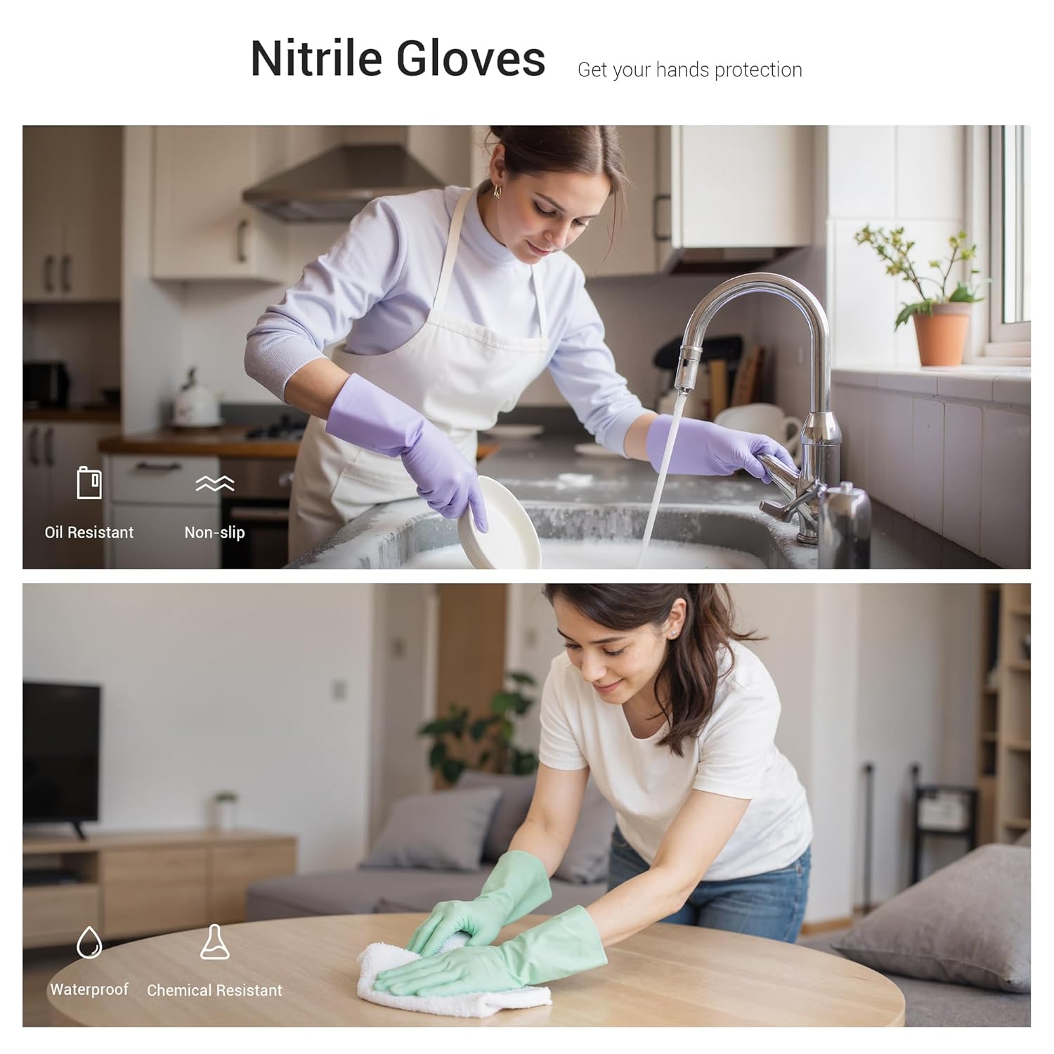 4 Pairs Nitrile Cleaning Gloves, Latex free Reusable Dishwashing Gloves for Women, Kitchen and Bathroom Cleaning