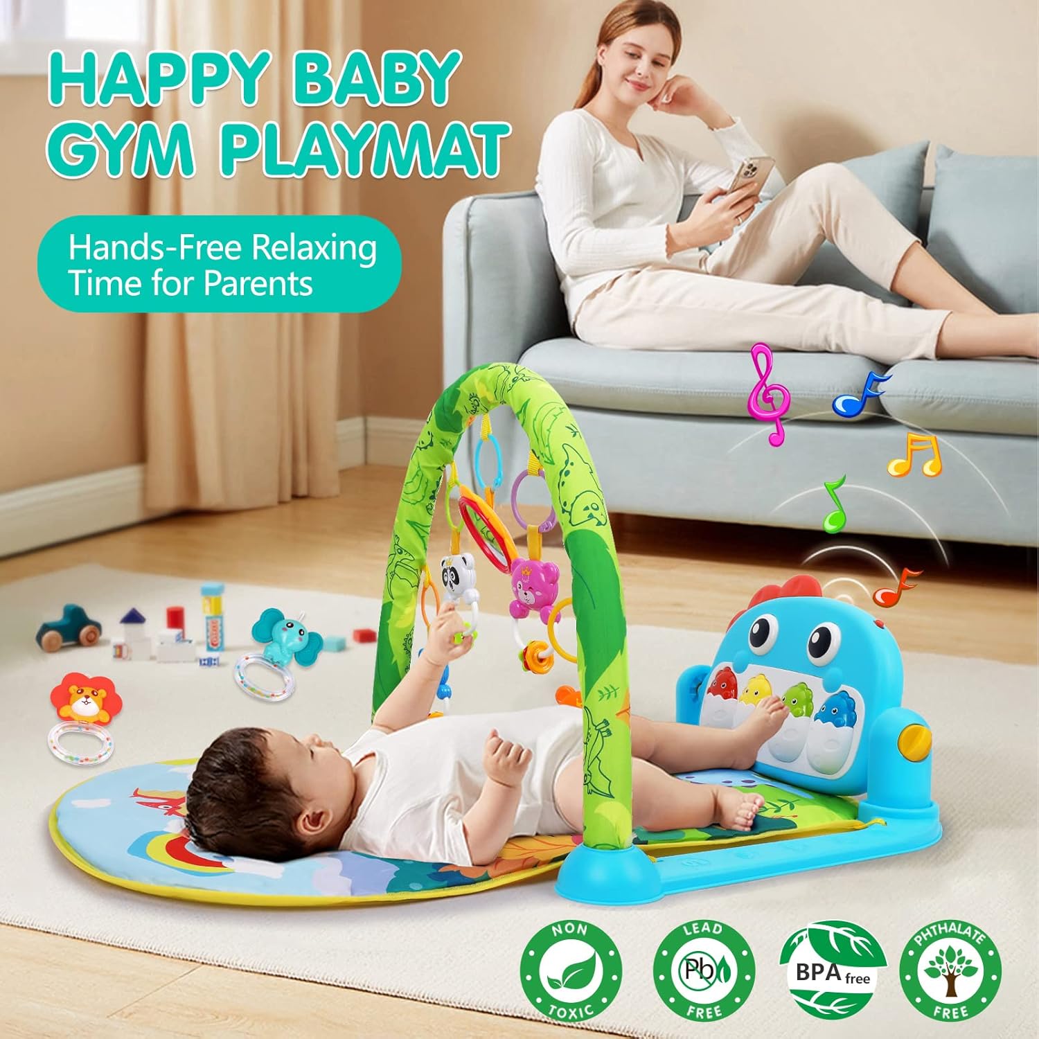 Baby Gym Play Mats Baby Tummy Time Mat Musical Activity Center for Newborn Infant Piano Babies Play Mat Music & Light