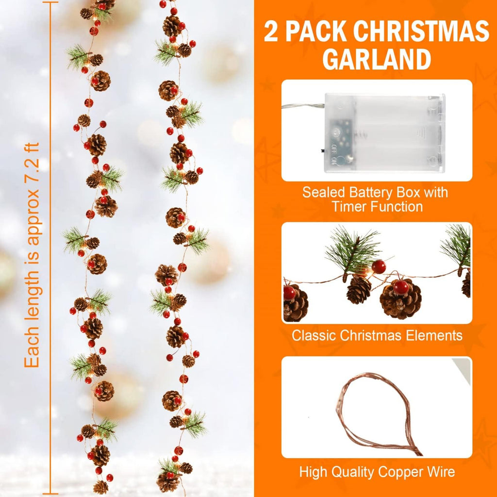 2 Pack Christmas Garland With Lights - 7.2Ft 20 LED Red Berry Pine Garland Battery Operated for Mantle Fireplace