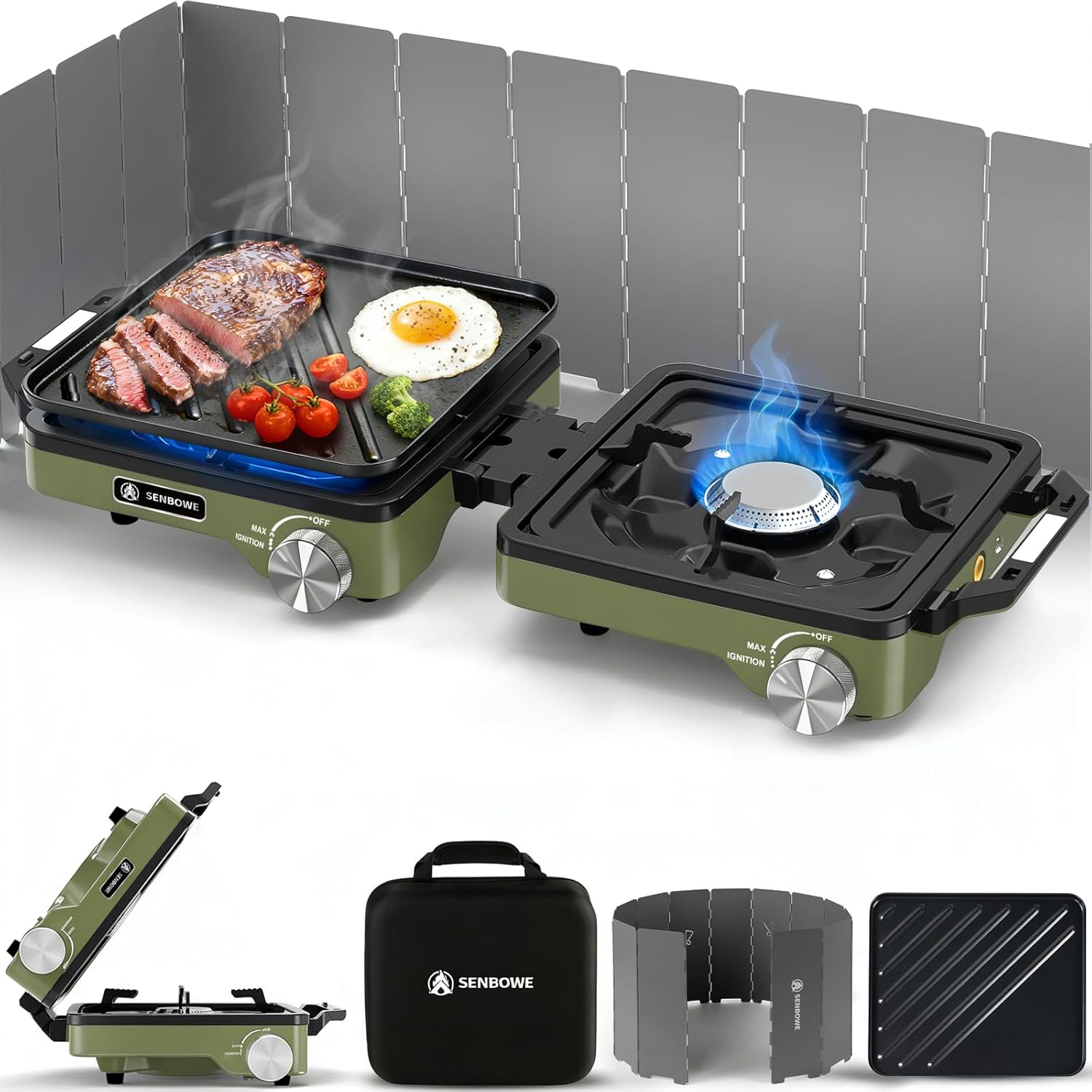 2-Burner Pro Camping Stove,24000 BTU Camp Stove,Foldable Propane Stove Includes Carry Bag,Windscreen Griddle