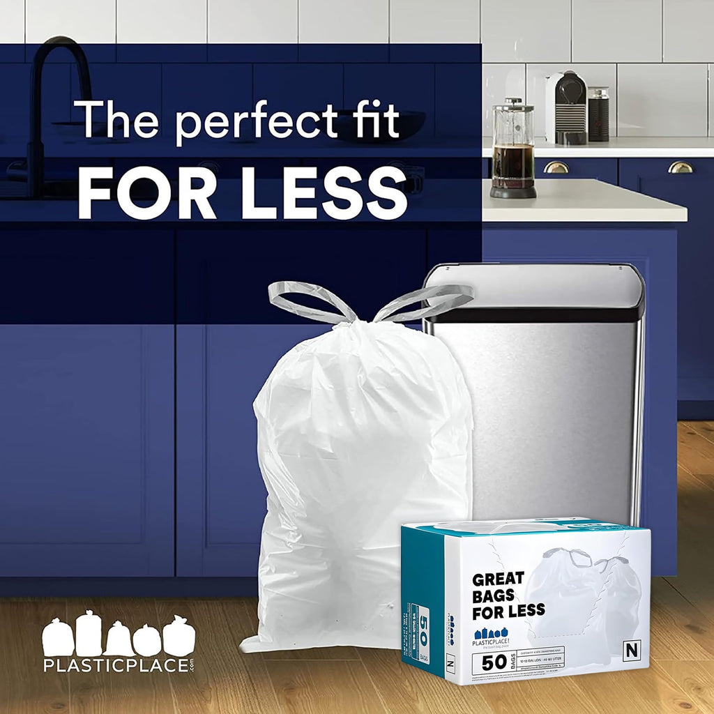 Custom Fit Trash Bags, Compatible with simplehuman Code N (50 Count) White Drawstring Garbage Liners 12-13 Gallon /