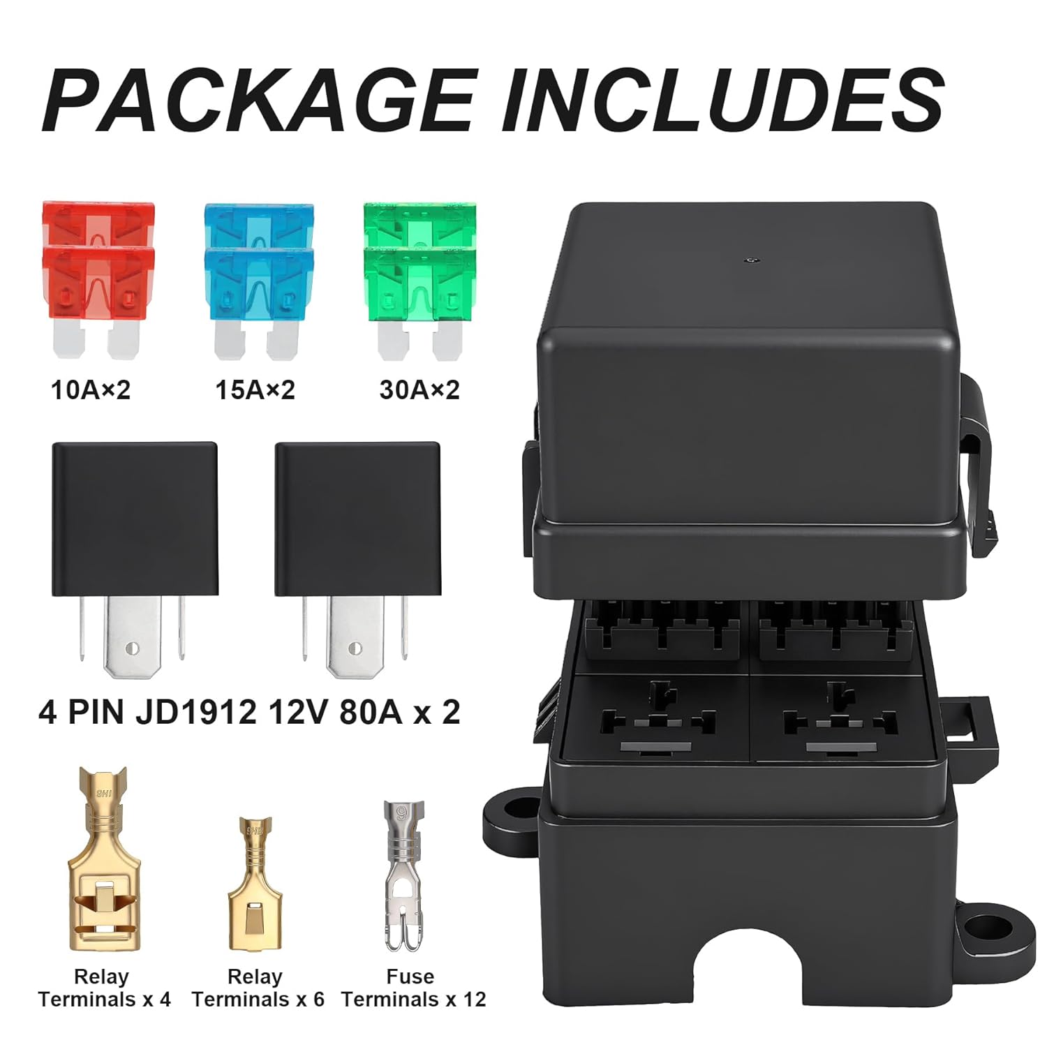 12V 6 Way Fuse Relay Box, 2 Relays and 6 ATC/ATO Blade Fuses, 4-Pin 80A Relay Block and Kit