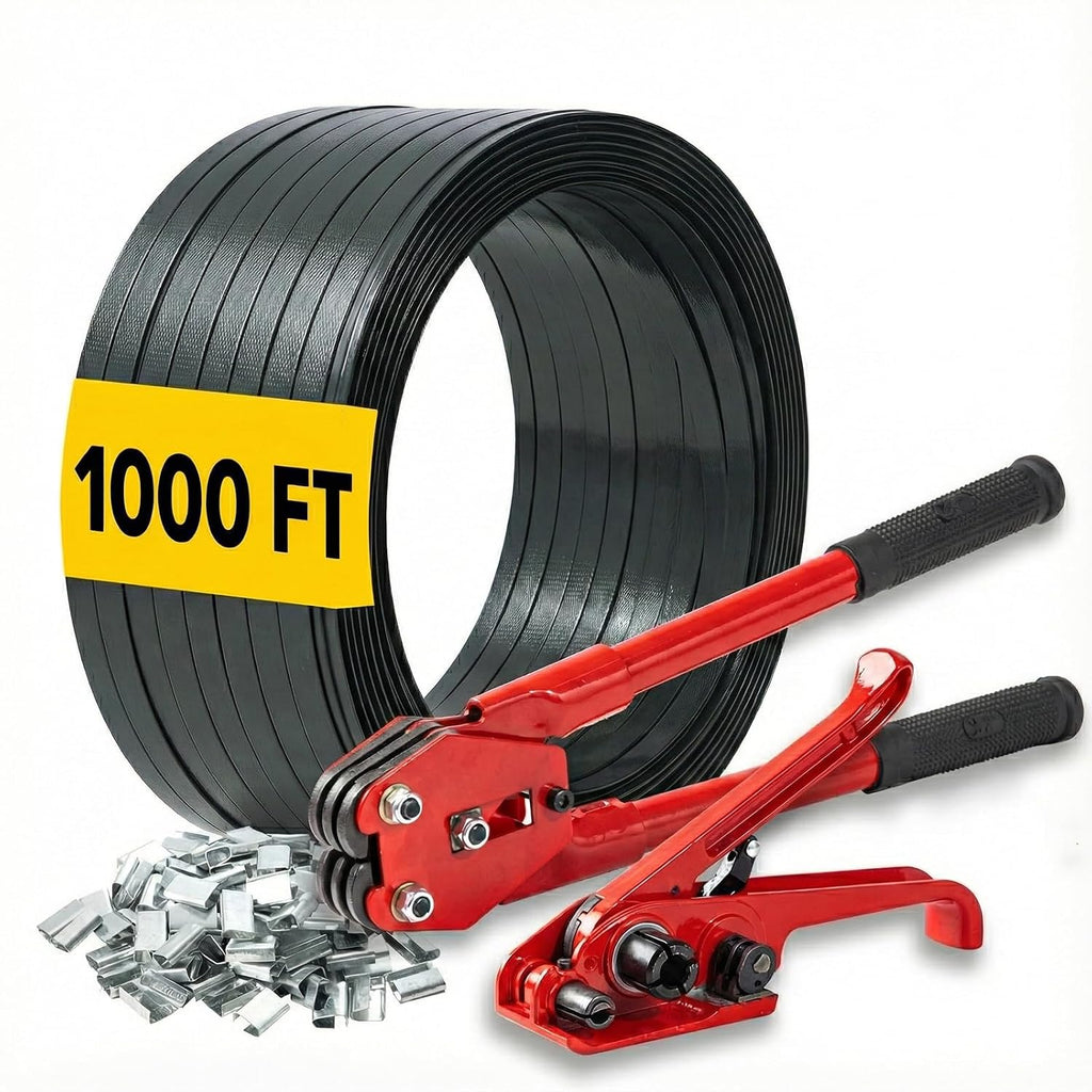 Banding Strapping Kit Tools - 5/8" x 1000' Black PET Pallet Packaging Set