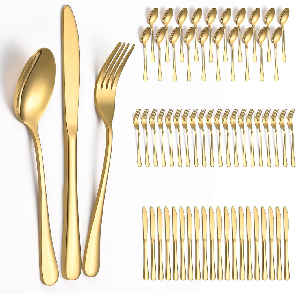 60 Piece Gold Silverware Set - Service for 20, Stainless Steel Flatware Cutlery Set Include Knife Spoon Fork, Gold