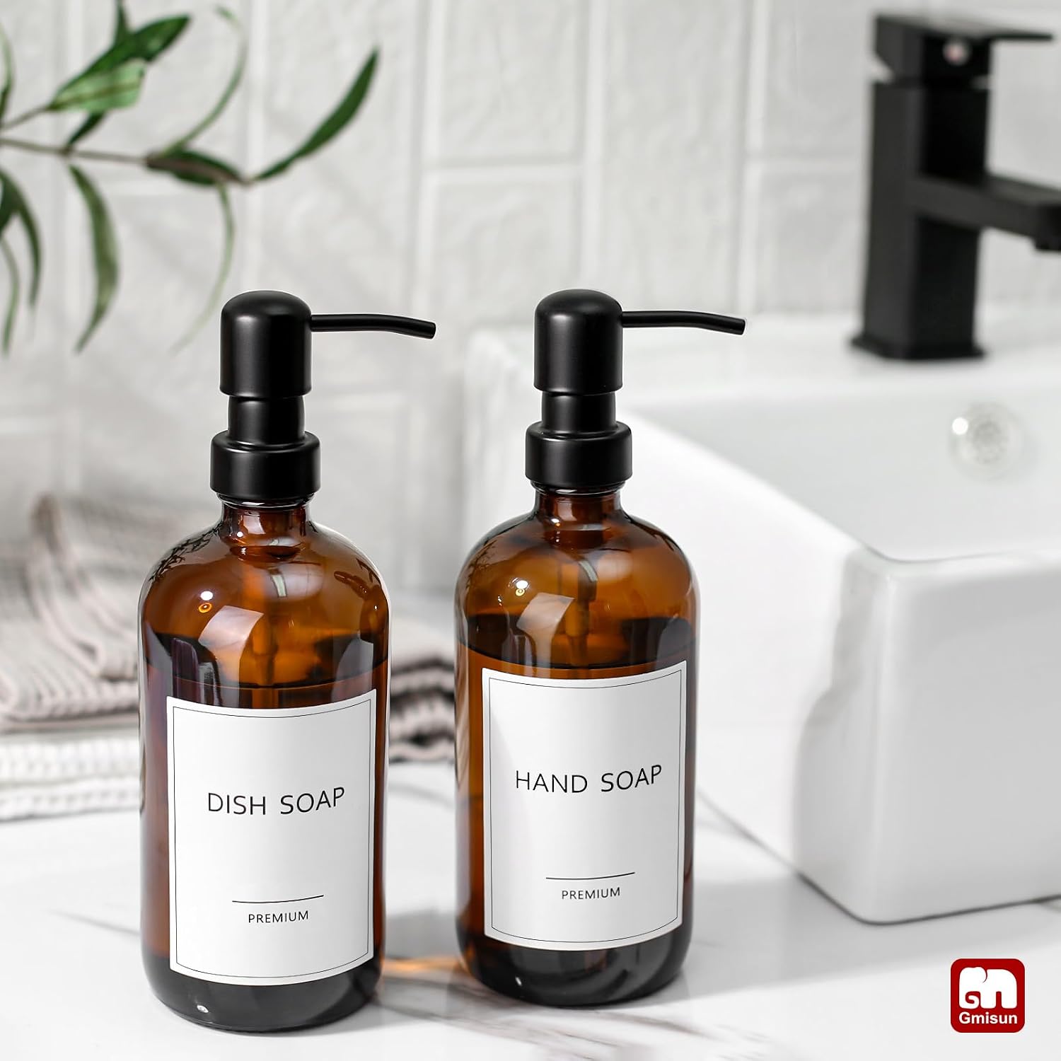 Amber Glass Soap Dispenser, 2 Pack Bathroom Hand Soap Dispensers with Stainless Steel Pump, 17 Fl Oz Kitchen Hand and