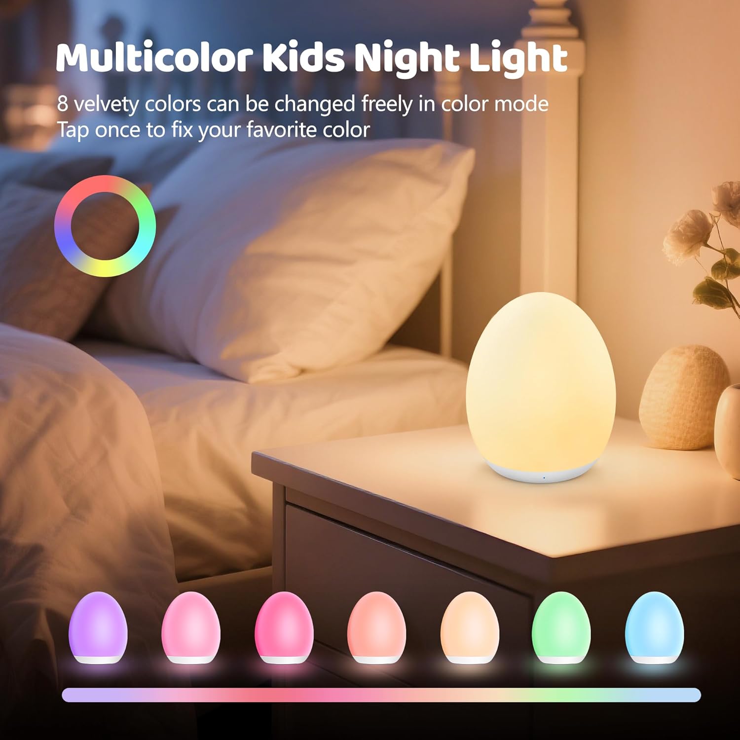 Night Light for Kids, Baby Egg Light for Nursery, 7 Colors Changing & Stepless Dimming, Soft Silicone Touch Night