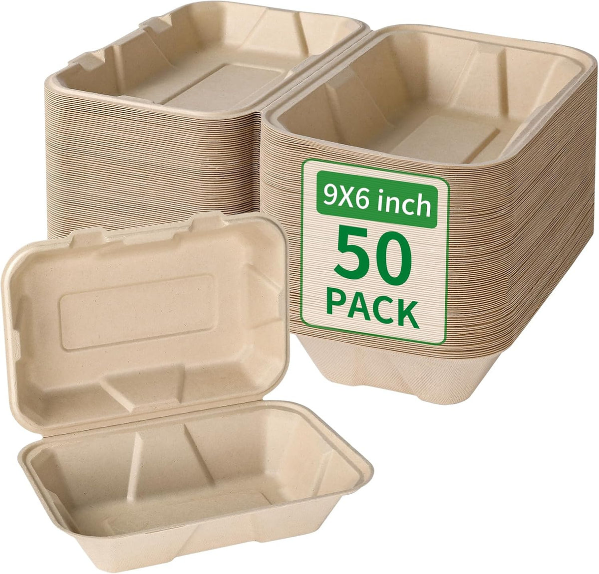 Disposable 50 Pack 9×6 Inch Take Out Lunch Box Containers with Lids