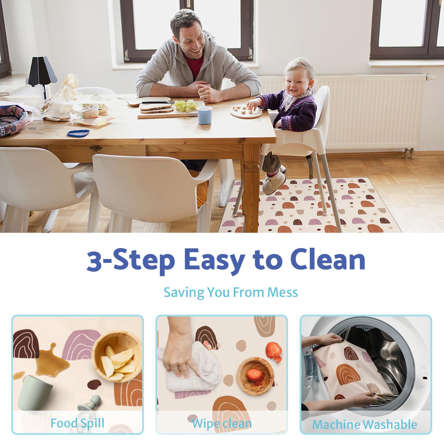Baby Splat Mat for Under High Chair, 50.4 x 50.4 Inch Wipeable Splash Mat, Waterproof and Washable, Anti-Slip Floor