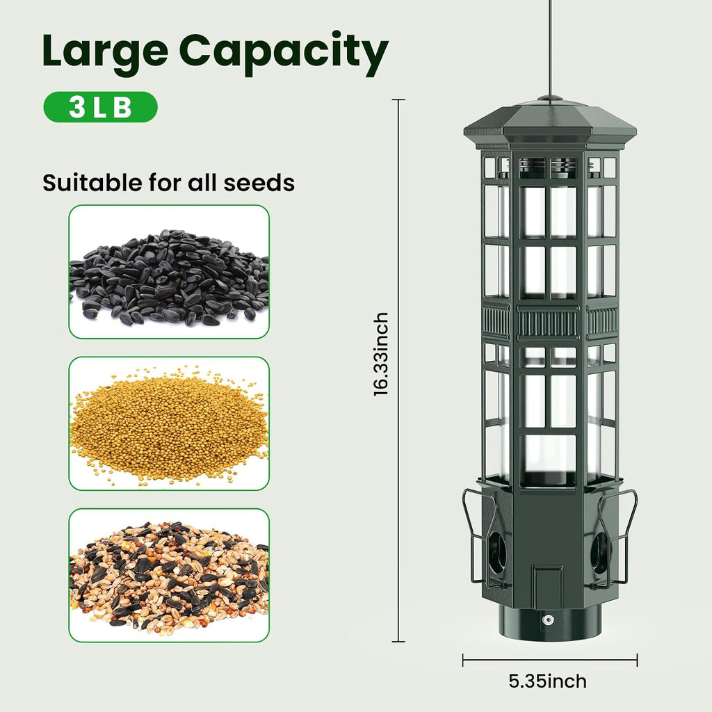 Squirrel Proof Bird Feeder, Chew-Resistant Metal Hanging Bird Feeder for Outdoors Gravity Spring Mechanism, 3 Feeding