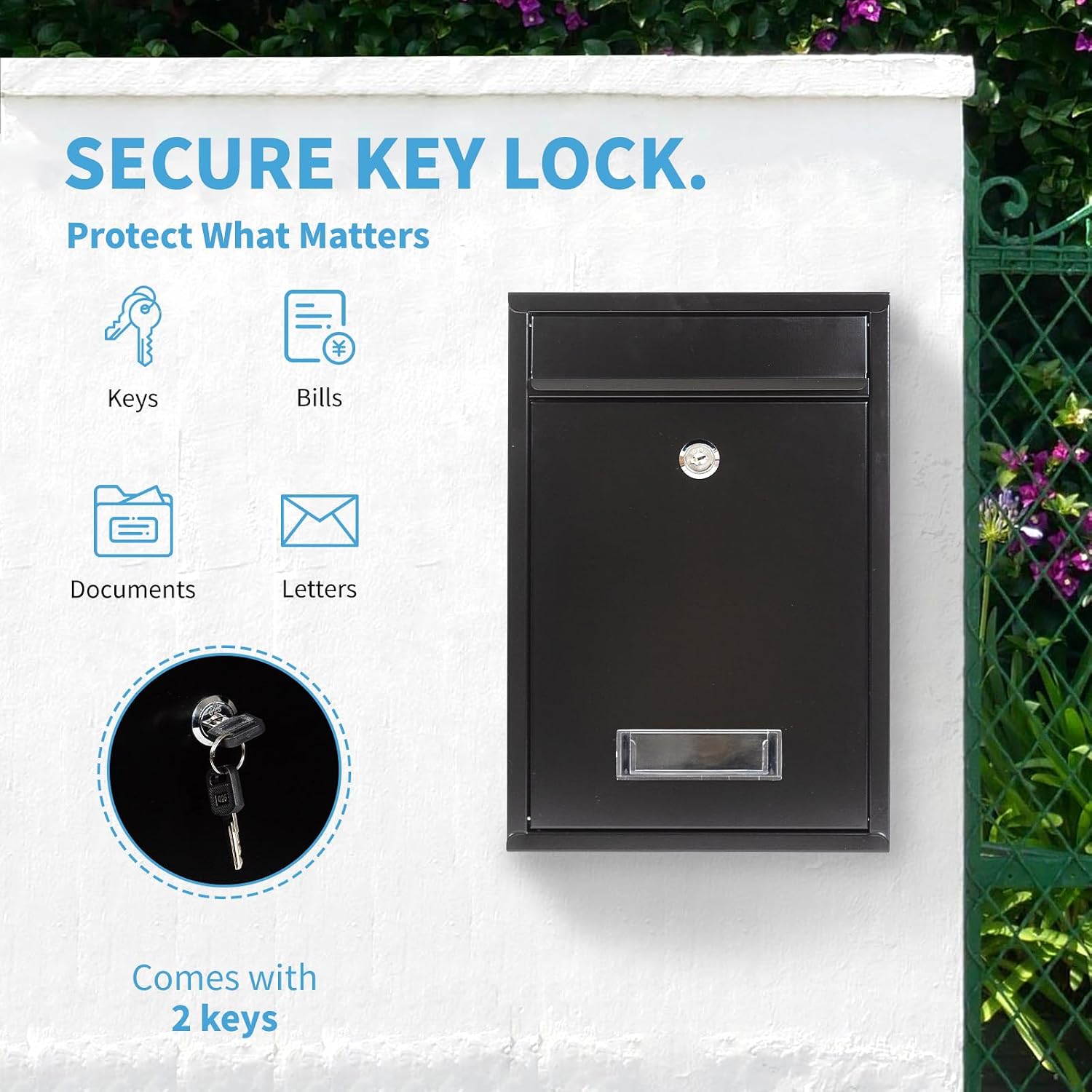 Lockable Wall Mount Mailbox Black 12.6 x 8.5 x 3.3 Inches | Galvanized Steel Waterproof Secure Medium Capacity Mail