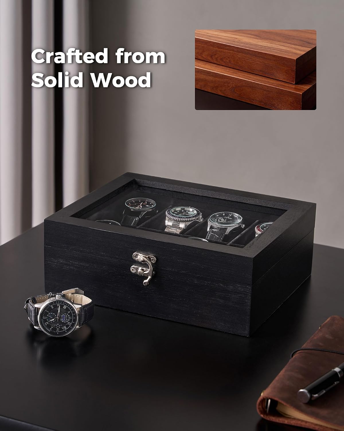 8 Slot Wooden Watch Display Case With Glass Lid, Organizer | Elegant Wooden Watch Box With Glass Lid And Soft Lining