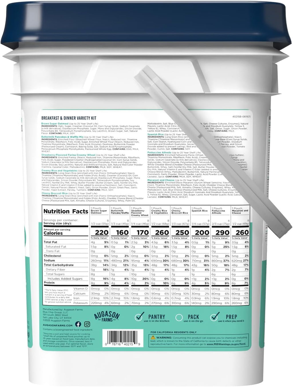 Breakfast and Dinner Variety Pail Emergency Food Supply Everyday