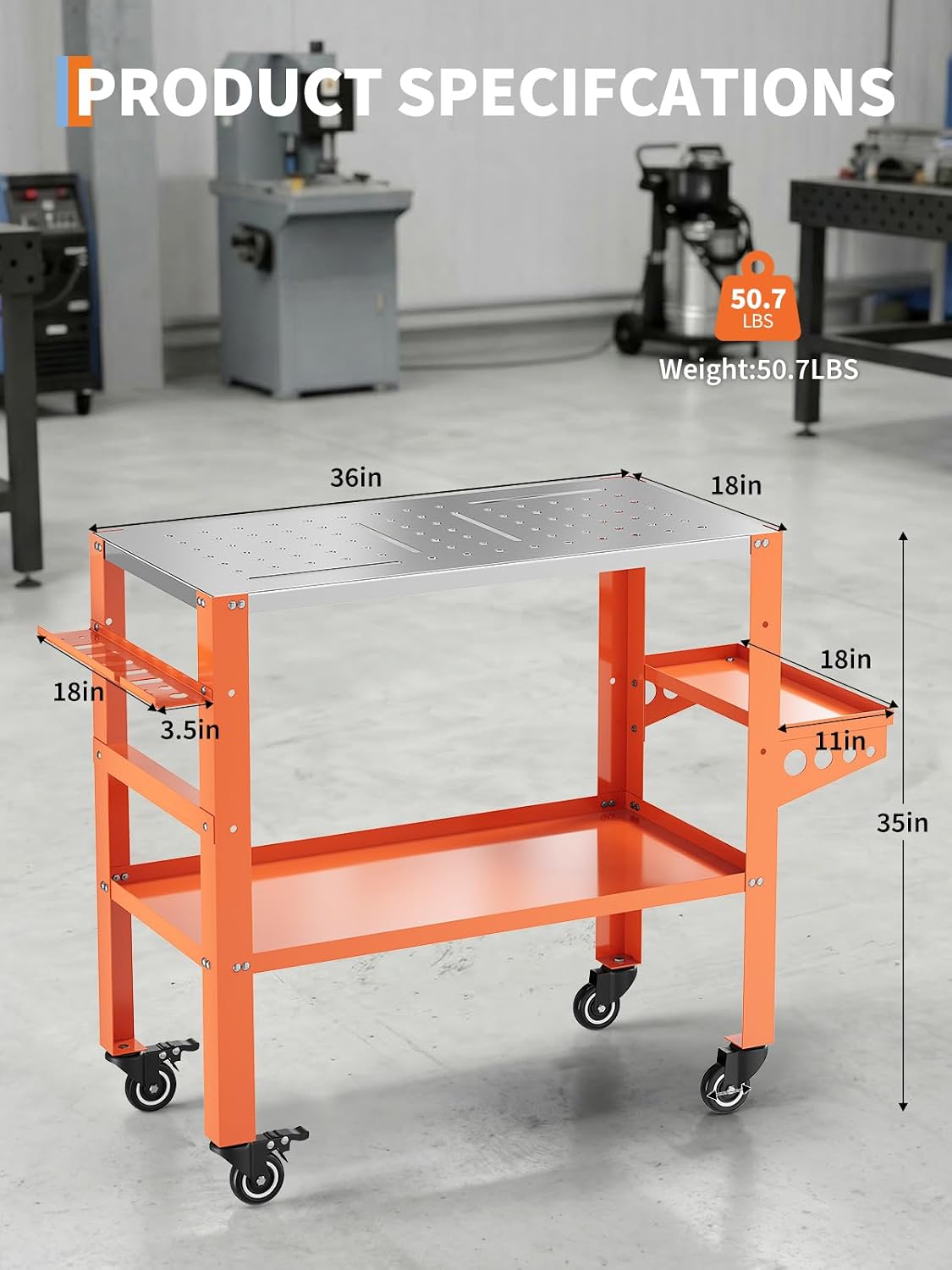 36" x 18" Welding Table, 1200 Lbs Capacity Welding Workbench Table Top with Lockable Wheels,Tool Rack & Tray, 4 Tool
