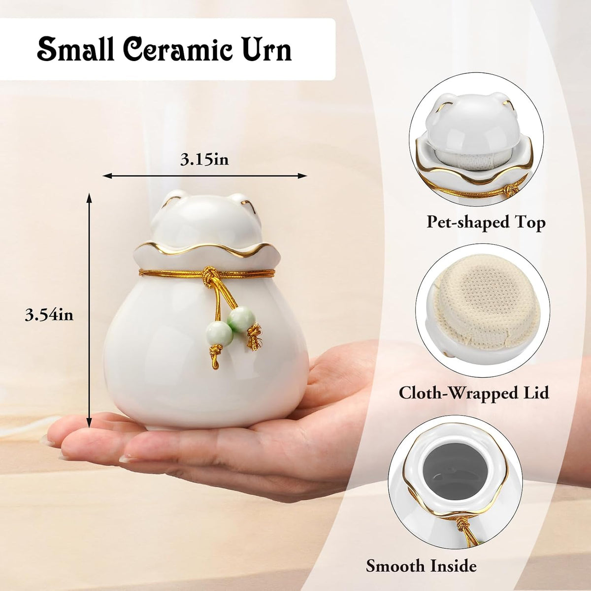Pet Memorial Urn for Cat or Dog Ashes - 3.54"x3.15" Elegant Ceramic Keepsake Holder with Pet-Shaped Lid & Gold Trim