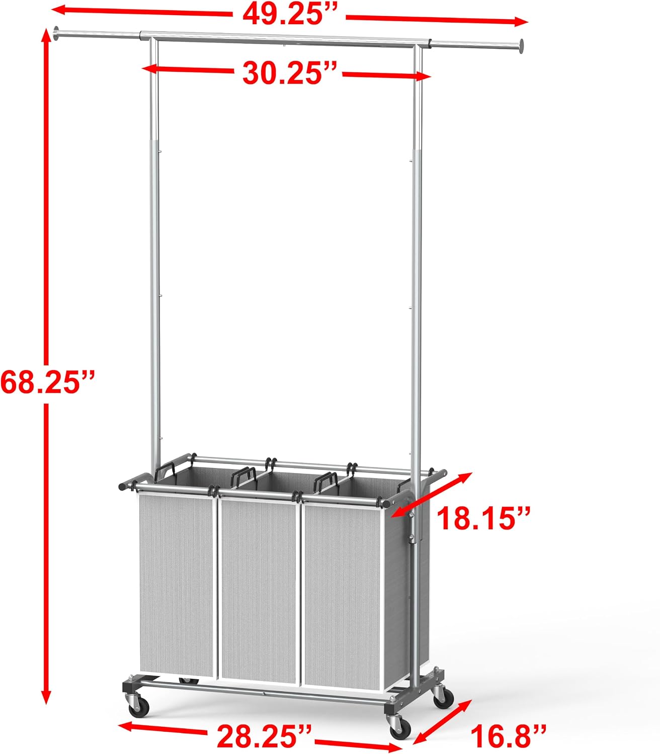 Laundry Sorter Cart with Hanging Rod, Silver | Extendable Width from 30.6 to 48", Removable 3-Section Laundry Basket