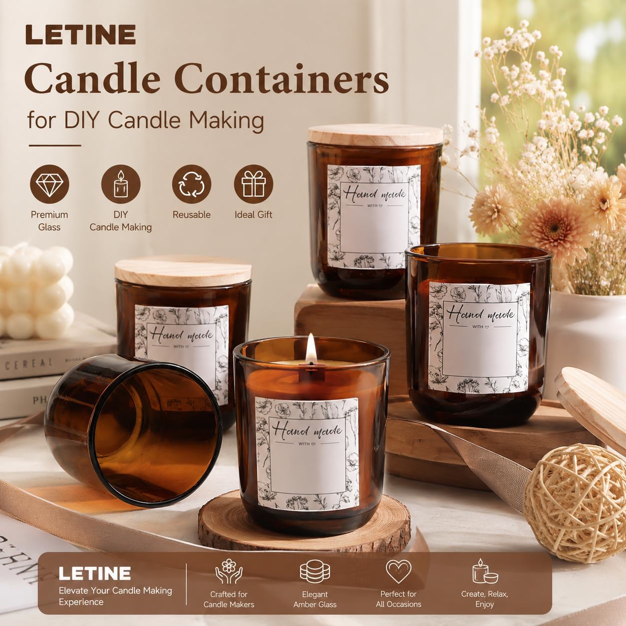 12PCS 8oz Amber Glass Candle Jars with Lids - Premium Candle Making Kit, Airtight Candle Vessels with Lids for