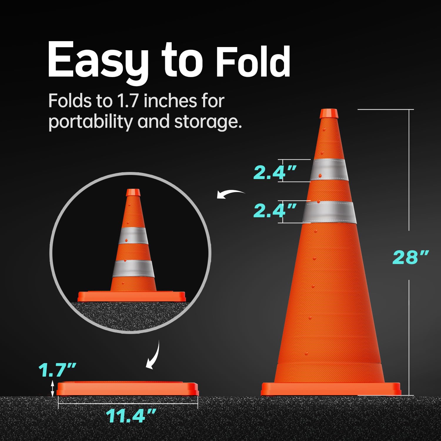 4 Pack 28 Inch Collapsible Traffic Cones, Orange Safety Cones | Collapsible 28-in orange cones with reflective