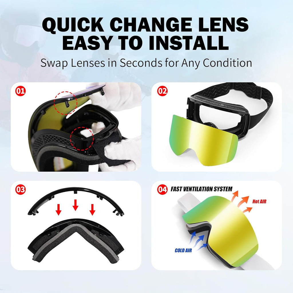 Snowboard Ski Goggles Men Women Frameless Anti Fog OTG Snow Goggles Skating Skiing Snowmobile Detachable Lens