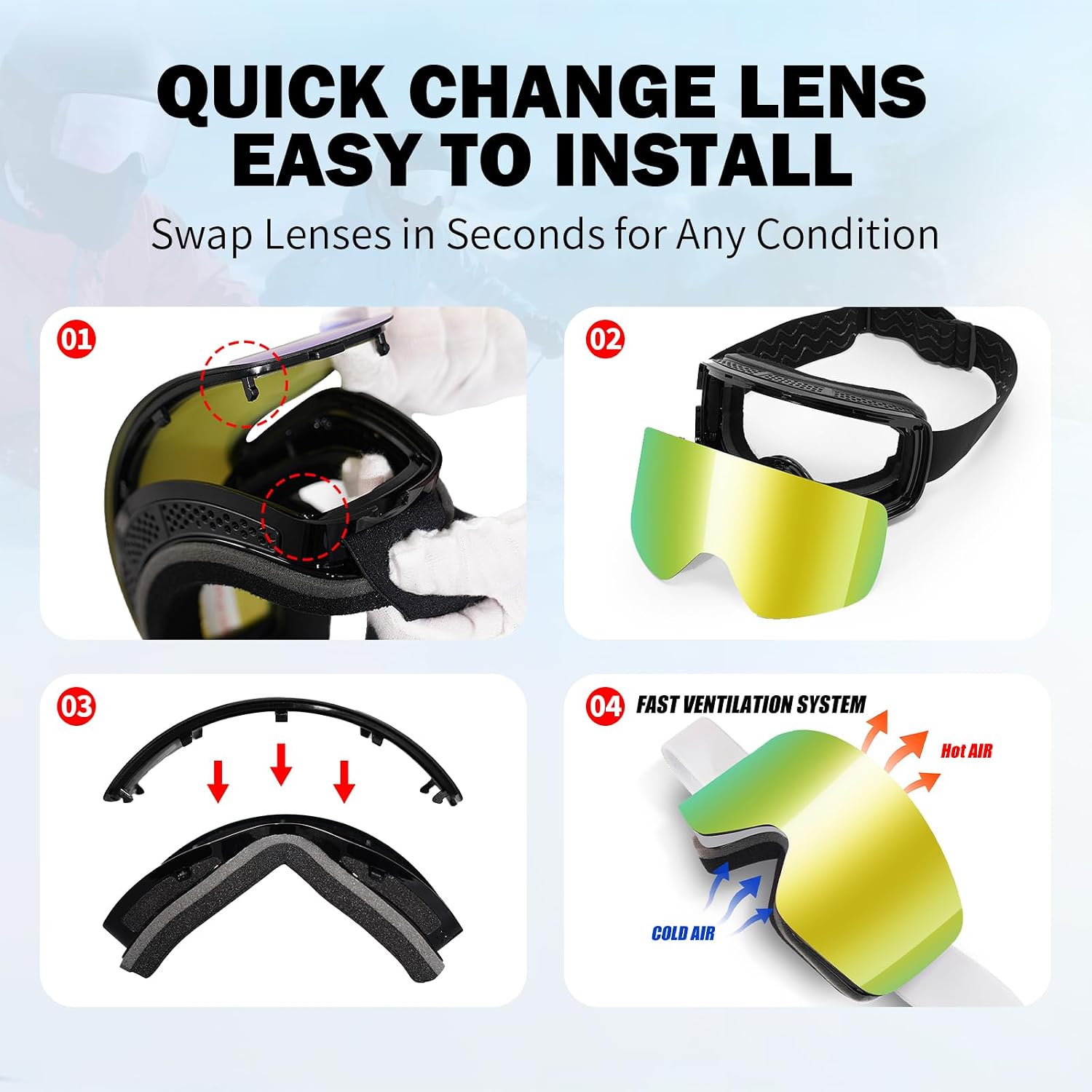 Snowboard Ski Goggles Men Women Frameless Anti Fog OTG Snow Goggles Skating Skiing Snowmobile Detachable Lens
