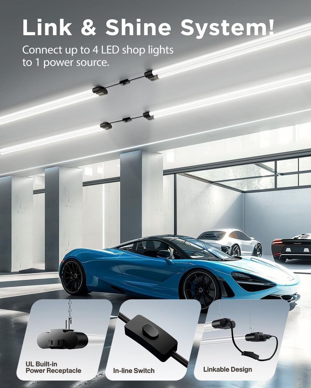 Sunco LED Shop Lights 4FT, Plug in Linkable, Black, 40W=150W