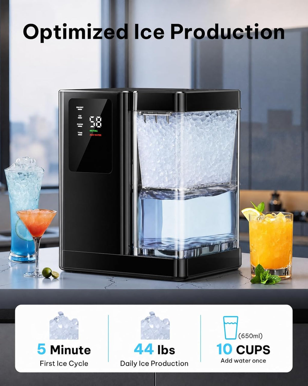Nugget Ice Maker 44lbs/24H with 3L Removable Tank and 12H Timer