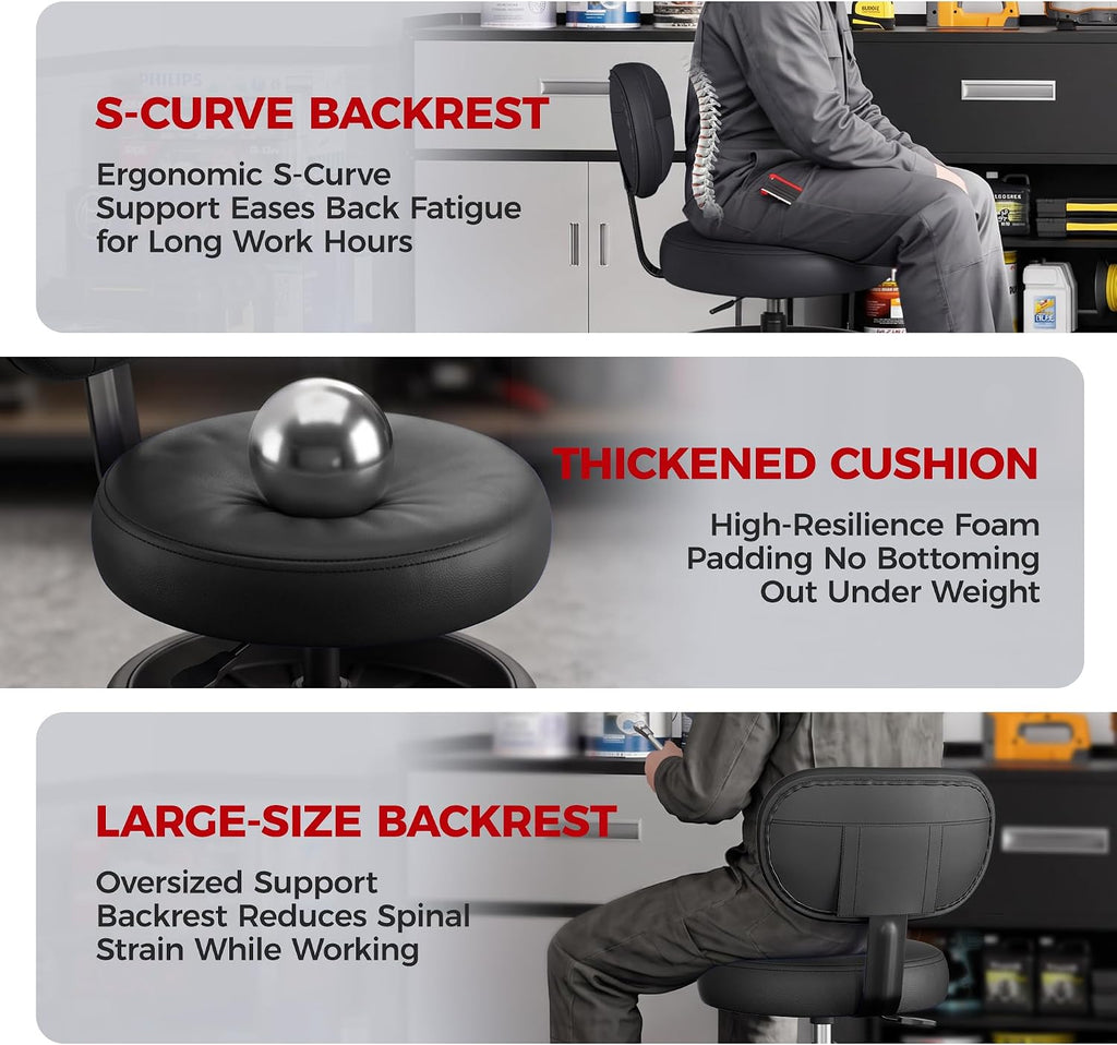Rolling Shop Stool with Wheels, Adjustable Height Heavy Duty Garage Stool with Double Storage Tray, Garage Mechanic