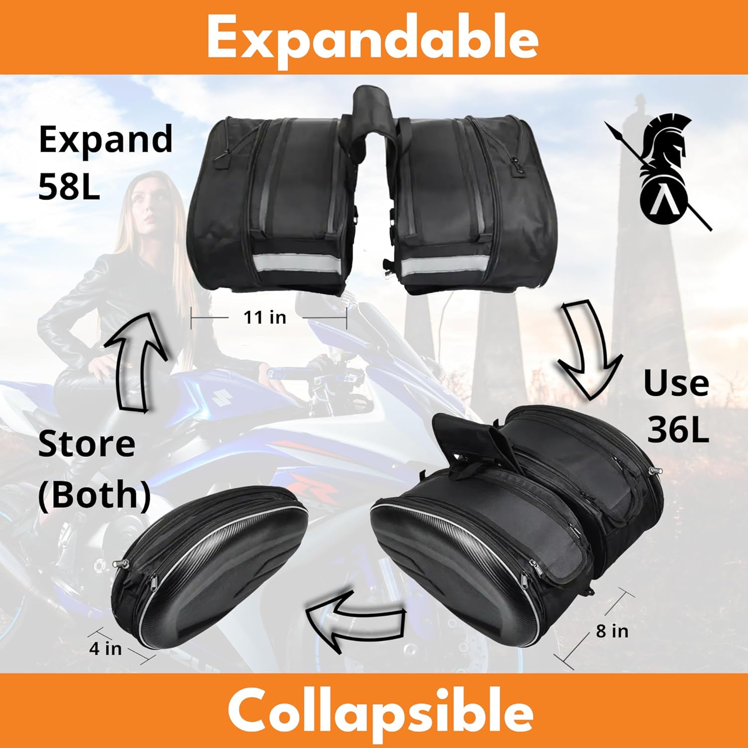 PREMIUM Motorcycle Saddlebags, 36L-58L Expandable Capacity, Motorcycle Panniers Universal, Waterproof, Detachable