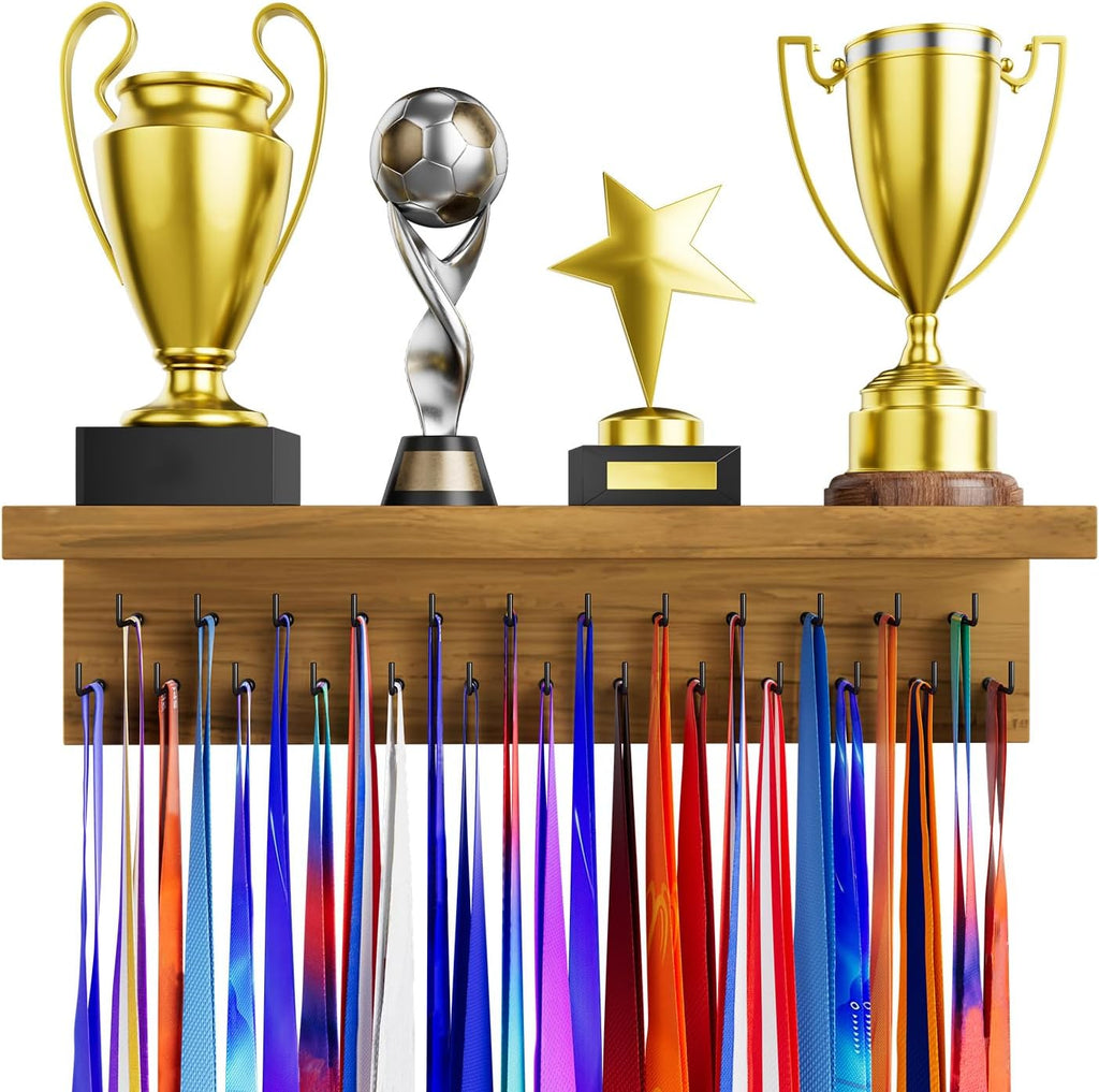 Medal Holder Display Trophy Shelf Organizer, Sturdy Wooden Race Award Hanger Rack with 25 Steel Hooks, Wall Mount