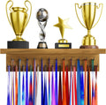 Medal Holder Display Trophy Shelf Organizer, Sturdy Wooden Race Award Hanger Rack with 25 Steel Hooks, Wall Mount