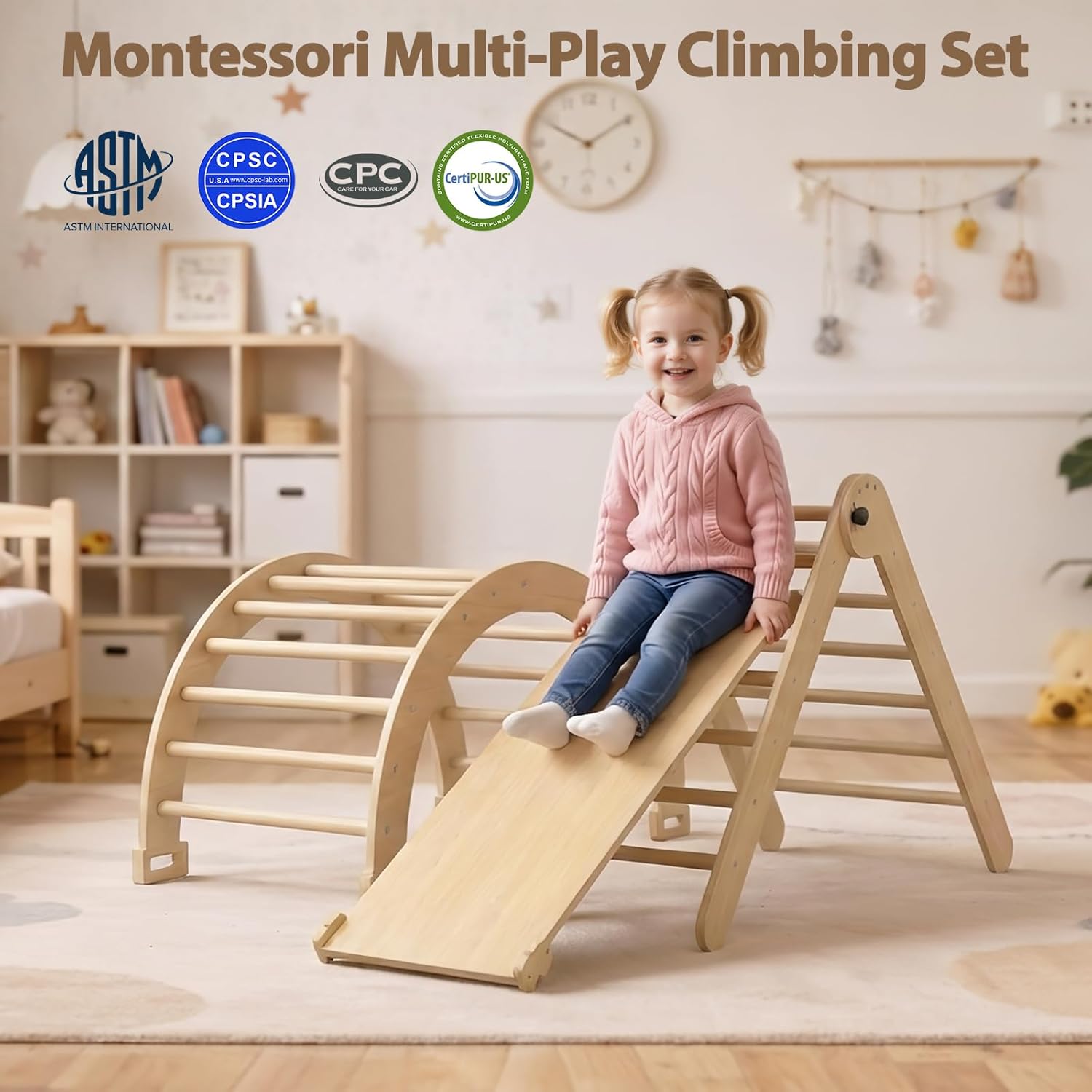 Large Pikler Triangle Set, 7-in-1 Toddler Climbing Toys Indoor, Wooden Montessori Climbing Set with Arch Ramp Ladder