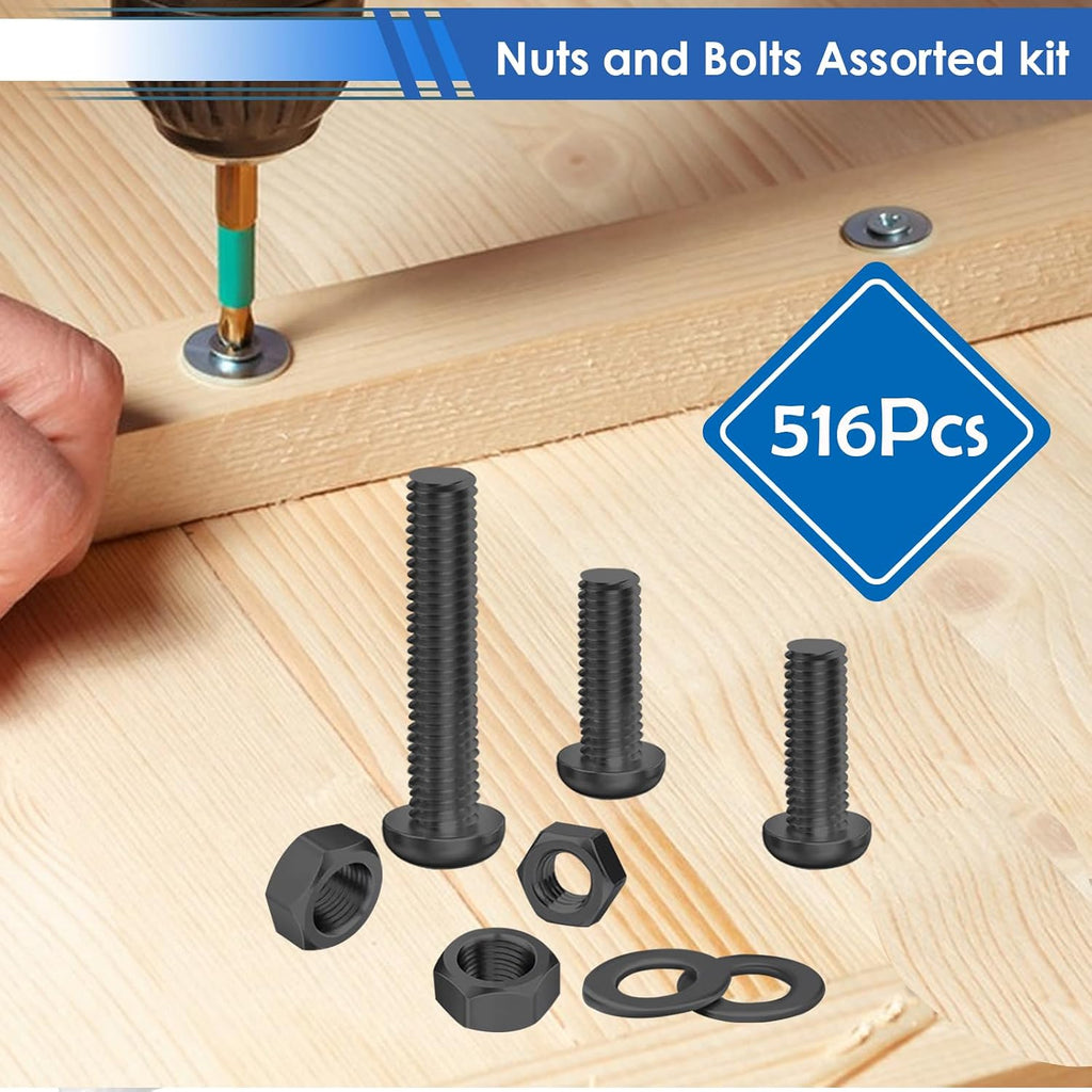 516Pcs Black Nuts and Bolts Assortment Kit 21-Sizes M3/M4/M5/M6 Nut Bolt Washer Assortment Kit for Machinery