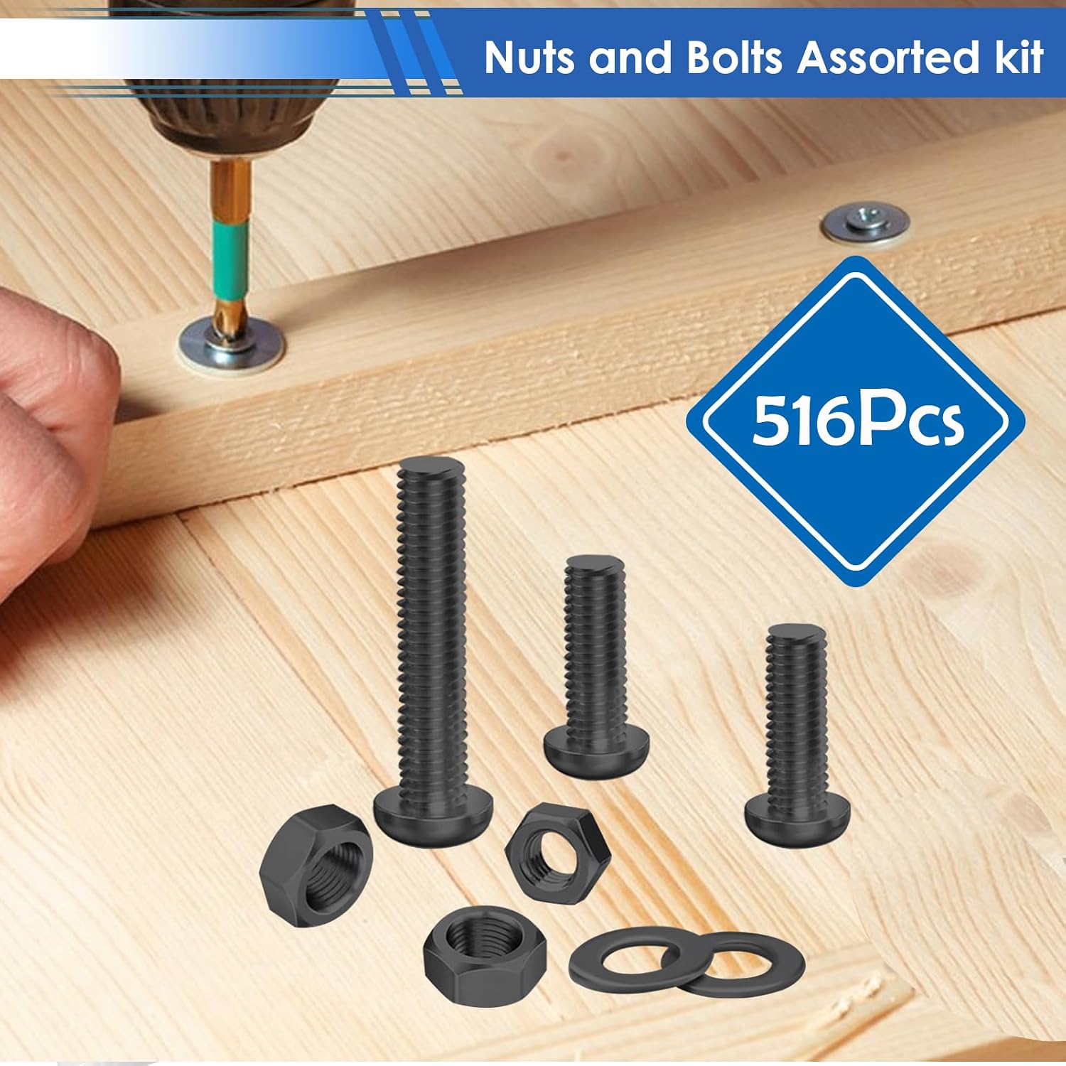 516Pcs Black Nuts and Bolts Assortment Kit 21-Sizes M3/M4/M5/M6 Nut Bolt Washer Assortment Kit for Machinery