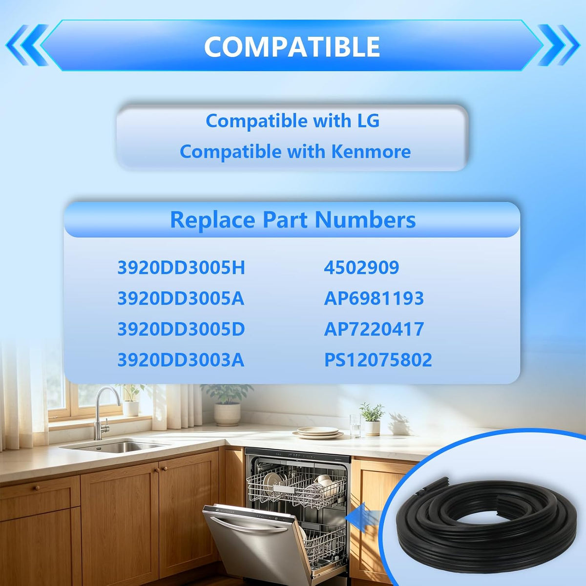 3920DD3005H 3920DD3005A Dishwasher Door Gasket Seal for LG LDF7811BB, LDF7811BB-01, LDF7811ST, LDF7811ST-01, LDF7811WW, LDF7811WW-01, LDF7932BB, LDF7932ST, LDF7932WW