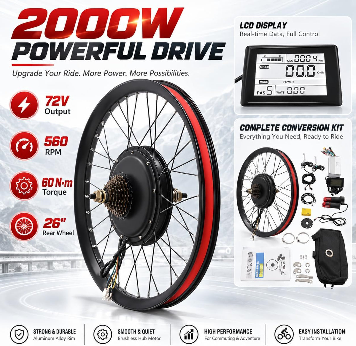 26 Inch Ebike Conversion Kit 72V 2000W Rear Hub Motor Kit