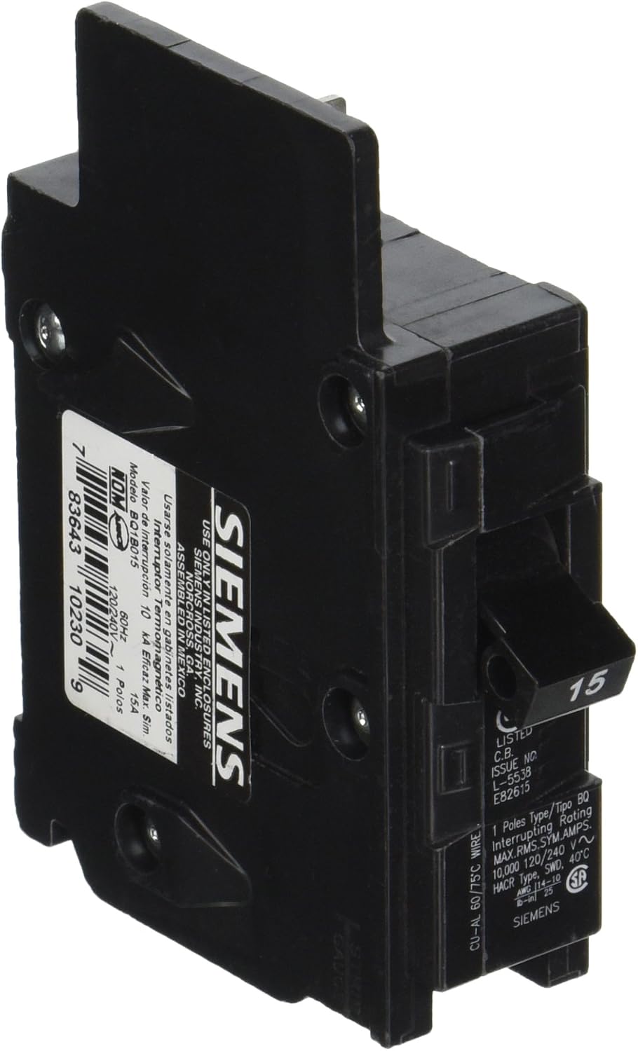 SIEMENS, 15 Amp, Single Pole, Circuit Breaker