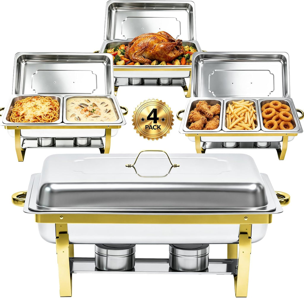9QT Chafing Dishes for Buffet 4 Pack with 7 Multi-Size Food Pans