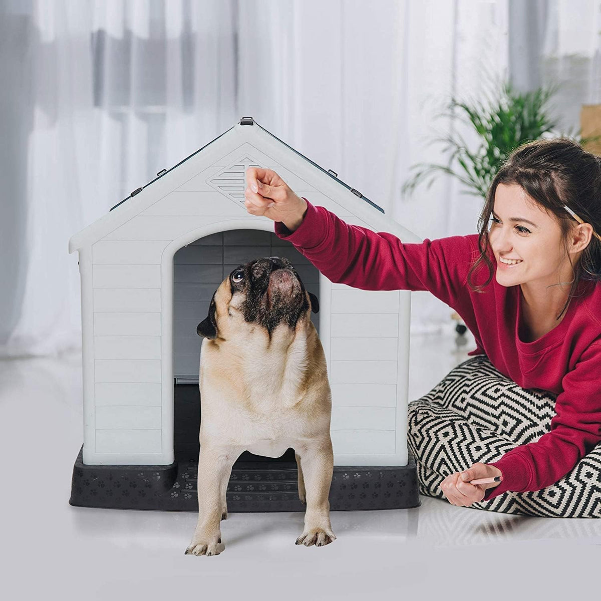 Large Plastic Dog House, Dog Kennel Outdoor Waterproof Doghouse Casas para Perros, Puppy Shelter Elevated Floor and