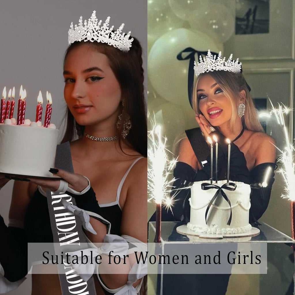 Silver Birthday Crown Adult Woman & Glitter Black Gothic Black Birthday Baddie Sash Princess Tiara for Party