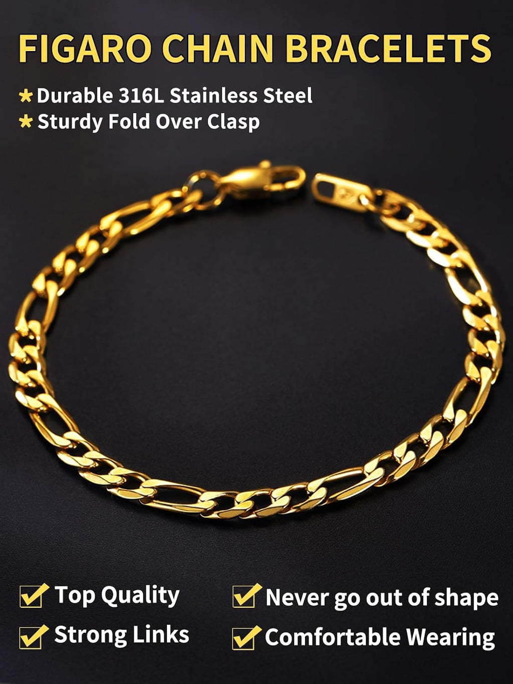 Figaro Link Chain Bracelet for Men Stainless Steel Jewelry | Black/ Gold Bracelets Men, 6/9/13mm Figaro Cuabn