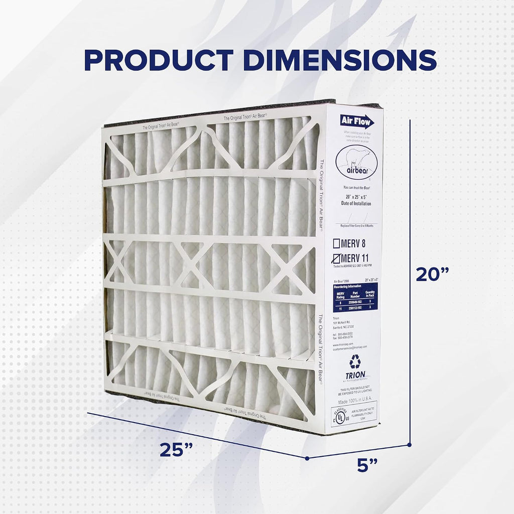 3 Pack Pleated Air Filter, Air Bear MERV 11 for HVAC/Furnace, 20x25x5 in.
