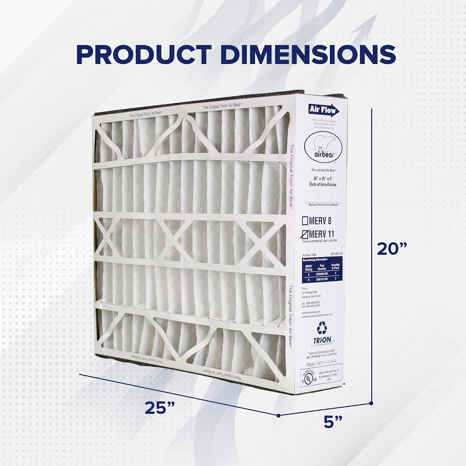 3 Pack Pleated Air Filter, Air Bear MERV 11 for HVAC/Furnace, 20x25x5 in.