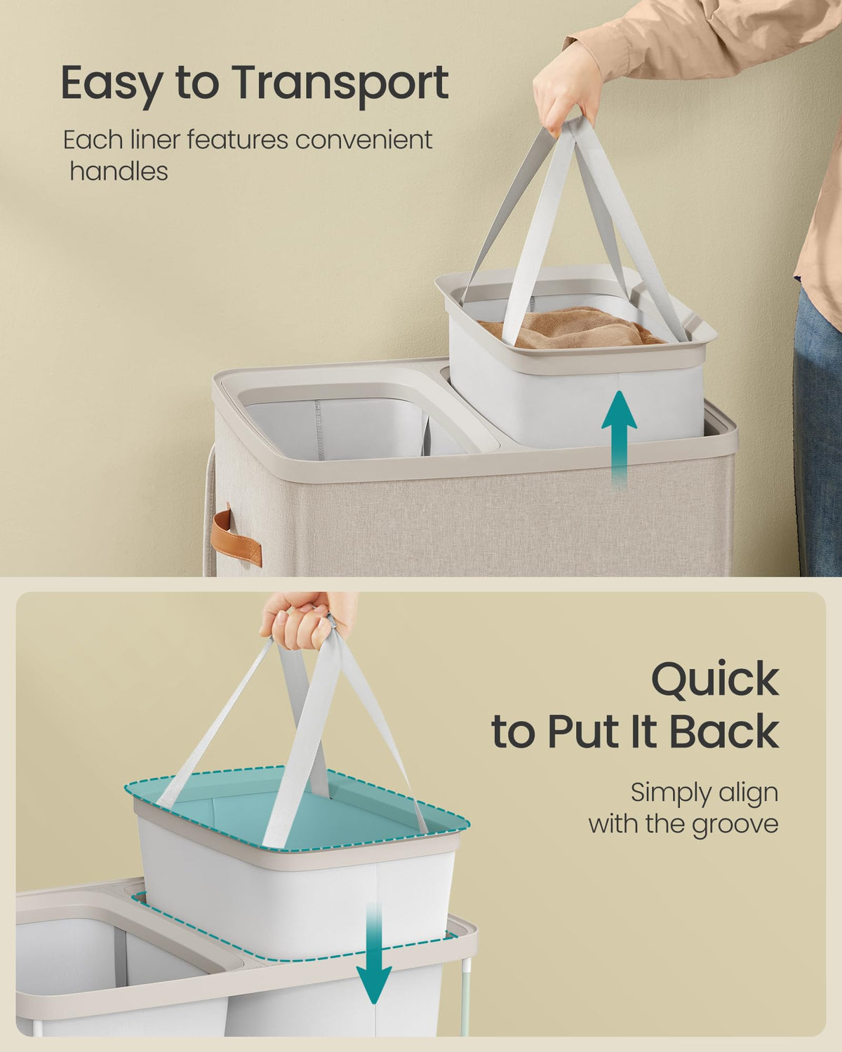 Laundry Basket, 170L Laundry Hamper with Lid, 2 Removable Bags