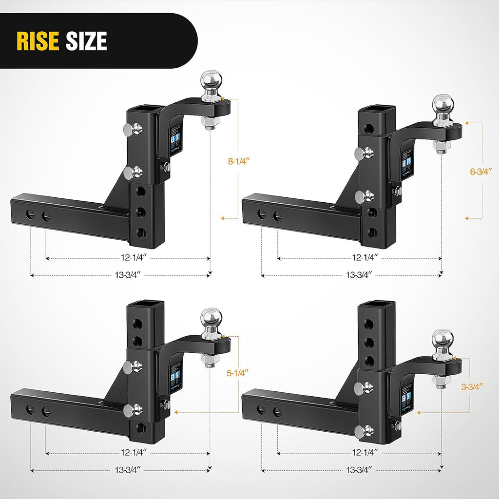 8-Position Adjustable Trailer Hitch Ball Mount with 2 inch Ball Fits 2 Inch Receiver with 5/8" Pin Lock 7500 lbs