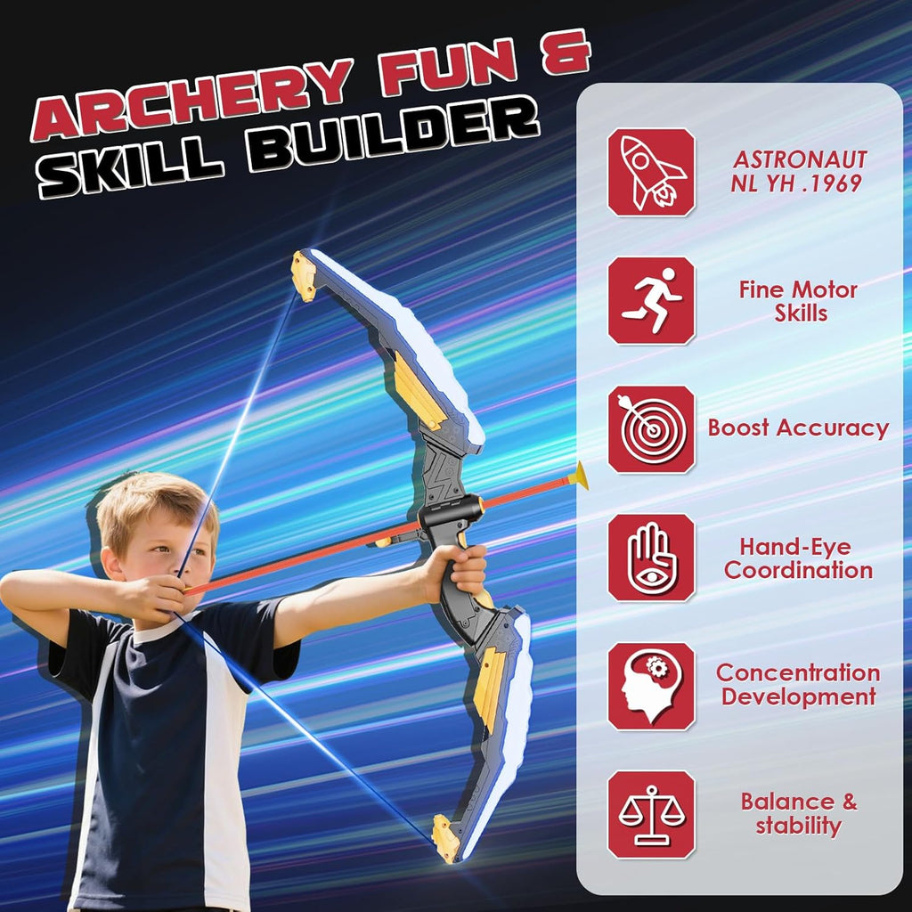 Kids Bow and Arrow Set LED Light Up Archery Set with 10 Suction Cup Arrows, 2 Archery Targets Indoor Outdoor Games