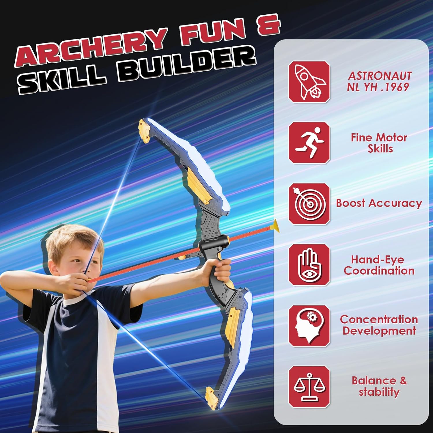Kids Bow and Arrow Set LED Light Up Archery Set with 10 Suction Cup Arrows, 2 Archery Targets Indoor Outdoor Games
