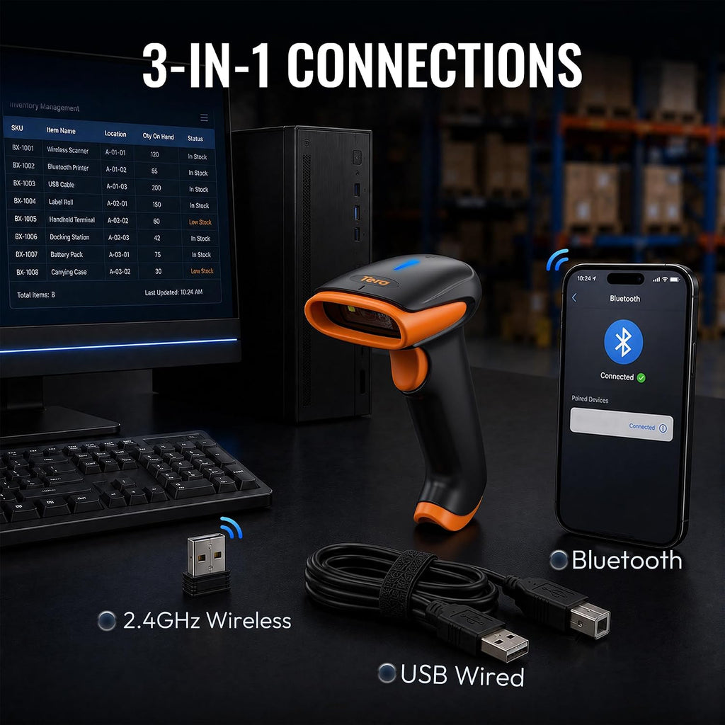 Barcode Scanner Wireless with Stand: 1D 2D QR 3-in-1 Connection HW0001 | 640*480 CMOS Rolling, 2.4G BT USB, 2200mAh