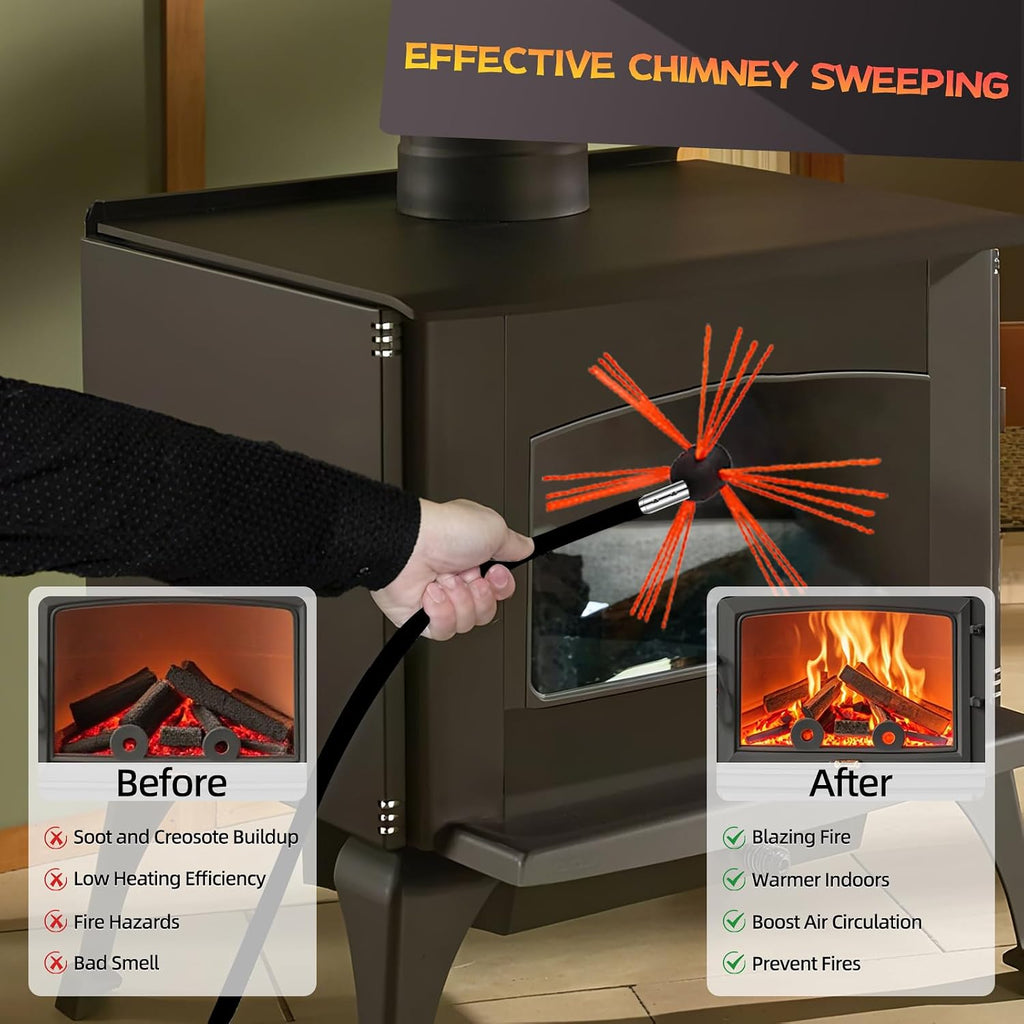 23 Feet Chimney Sweep Kit, Chimney Cleaning Kit with 7 Flexible Black Chimney Rods, Rotary Chimney Cleaning System