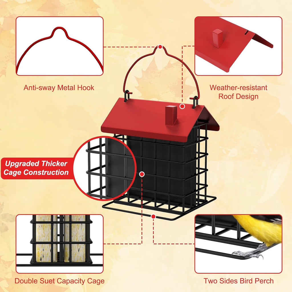 All-Metal Double Suet Bird Feeder for Outdoors Hanging, Red Roof