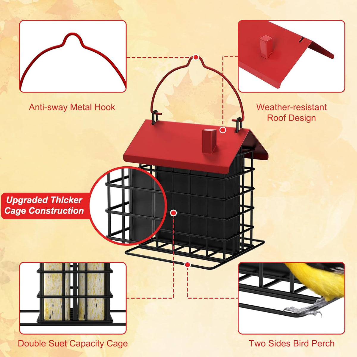 All-Metal Double Suet Bird Feeder for Outdoors Hanging, Red Roof